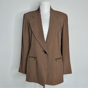 Emanuel Ungaro Brown Pinstripe Seersucker Peak Lapel Zipper Slash Pockets Blazer